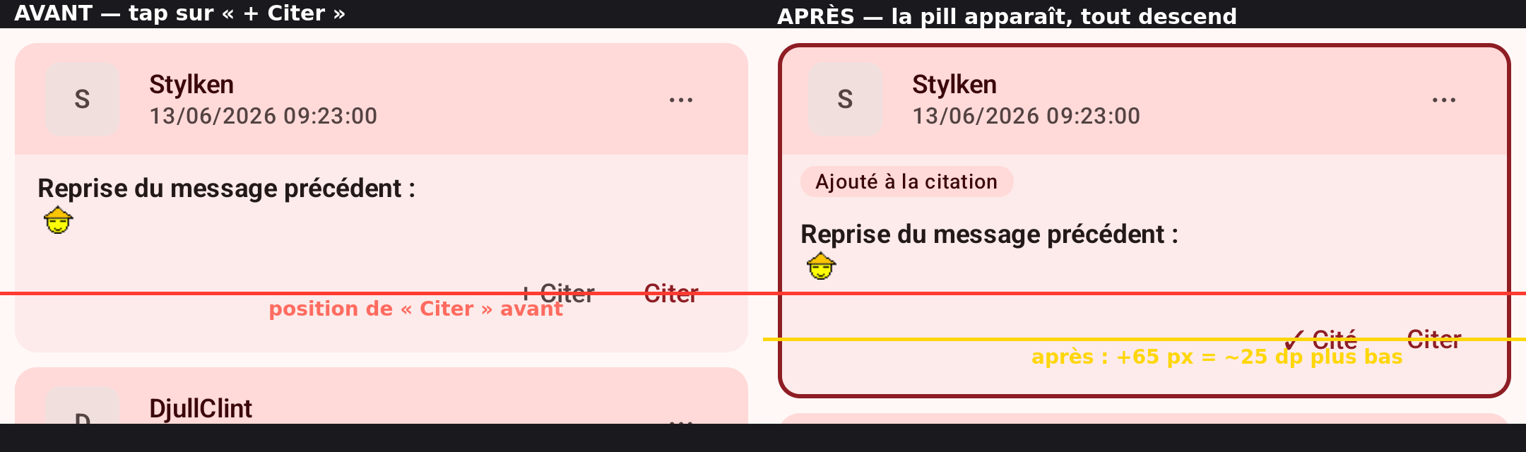 Avant/après : la pill fait descendre le contenu de 25 dp
