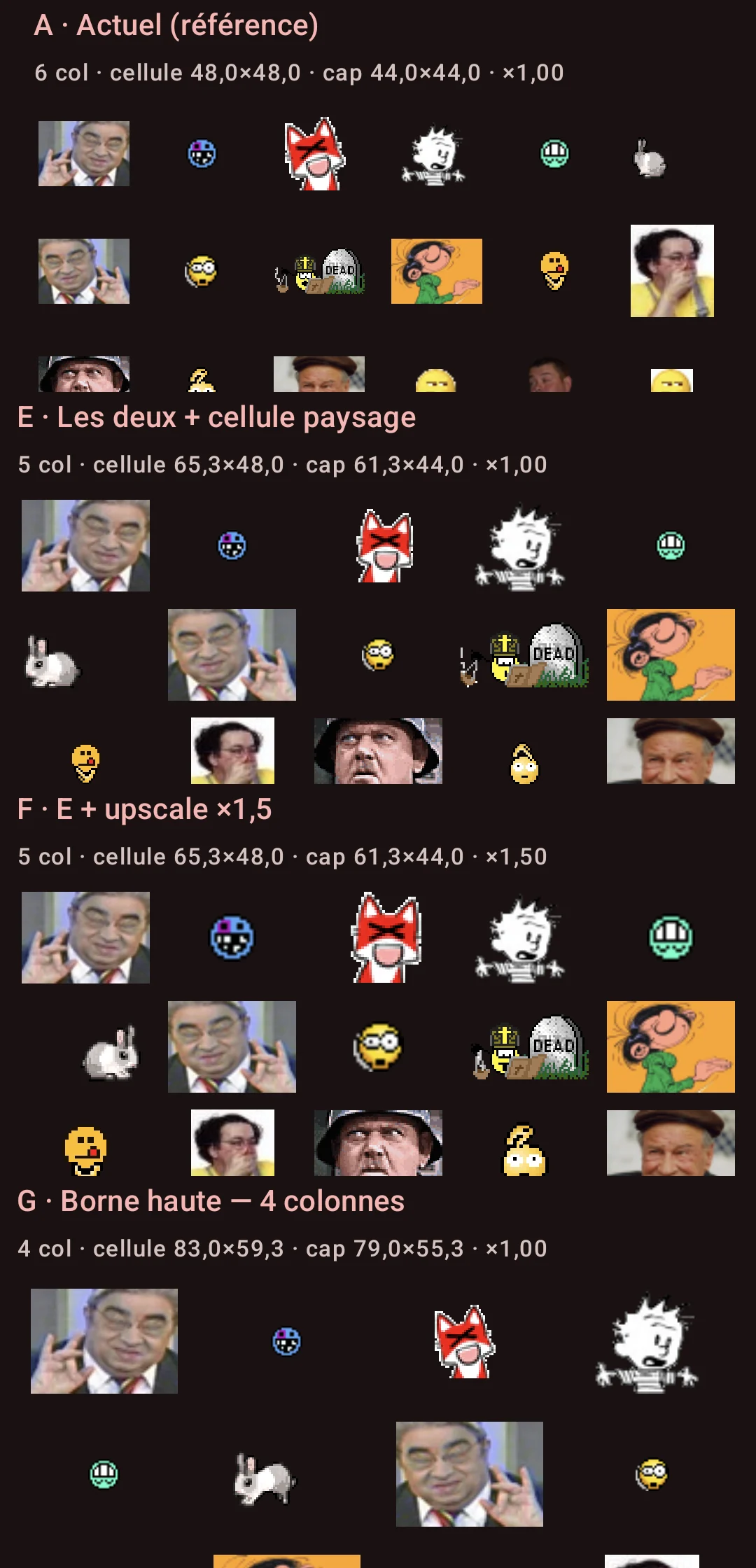 Comparaison des presets A, E, F et G sur les trois premières rangées