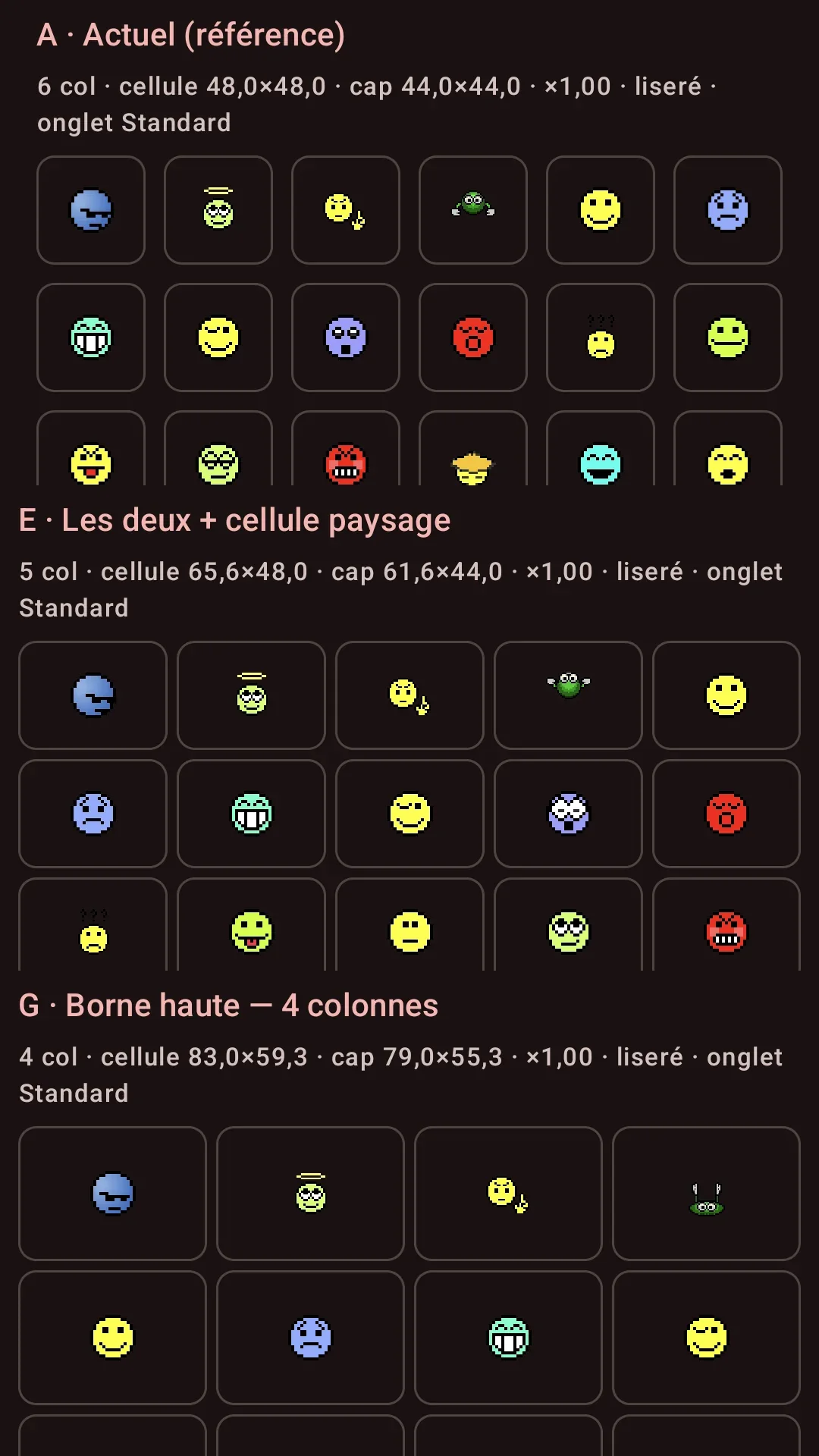 Onglet Standard sur les presets A, E et G